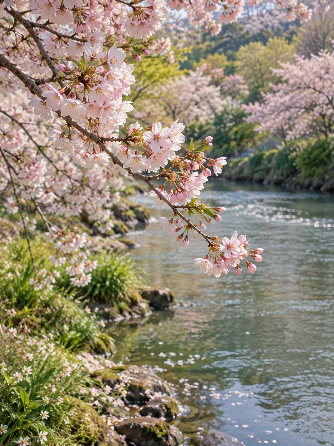 Pink cherry blossoms beside a sunlit river
