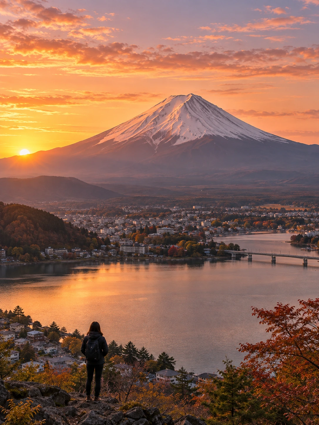Mount Fuji above a lake at sunrise, with a traveler on the shore